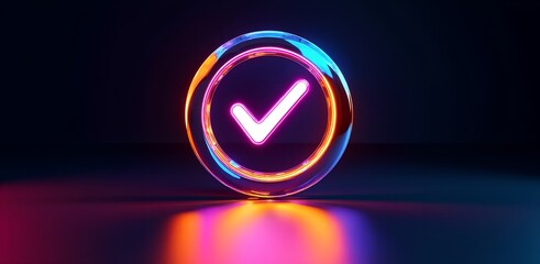 Illuminated Confirmation: A radiant, neon-glowing check mark encased in a circular emblem, set against a dramatic, dark background, representing validation. 