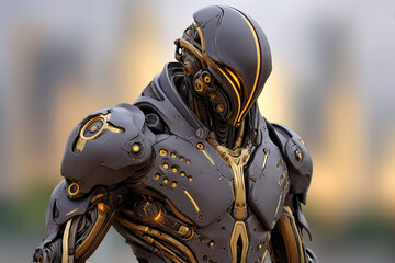 Fototapeta premium A futuristic warrior in metallic armor with golden accents against a blurred urban backdrop