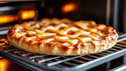 A freshly baked pie in a modern oven showcases the golden crust and tantalizing filling, hinting at delicious flavors and the warmth of home cooking.