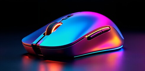 High-Tech Mouse: A sleek, futuristic computer mouse radiates vibrant, iridescent hues, symbolizing innovation and cutting-edge technology.