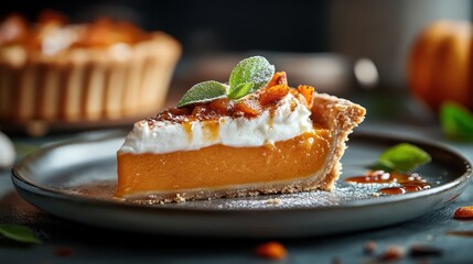 A slice of pumpkin pie is elegantly displayed on a plate, enhanced by whipped cream and garnished with nuts, capturing the essence of delicious fall desserts.