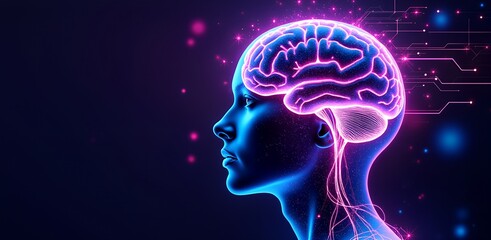 Human Brain: Neurological System: Profile view of a glowing human brain, highlighting intricate neural pathways and connections.  The image symbolizes intelligence, cognitive function.