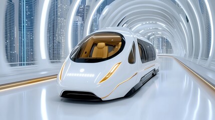 Fototapeta premium Futuristic White Train Moving Through A Brightly Lit Modern Transportation Tunnel