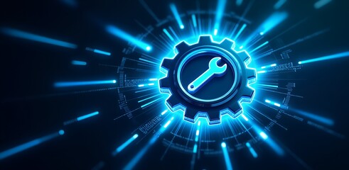 Engineering Excellence: A digital representation of gears, a wrench, and radiant energy. The image encapsulates concepts like technical proficiency, digital innovation, and repair