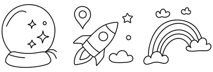 whimsical illustration featuring snow globe, rocket, and rainbow, capturing sense of adventure and wonder. map location adds