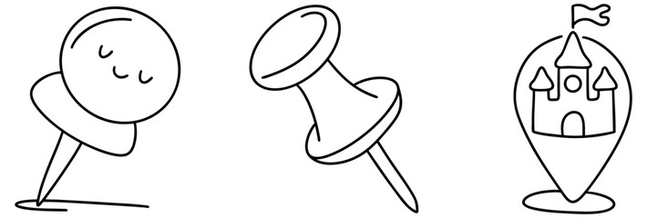 These illustrations depict map pin, push pin, and location marker featuring castle, perfect for highlighting specific location