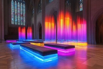Colorful light installations within a grand cathedral.