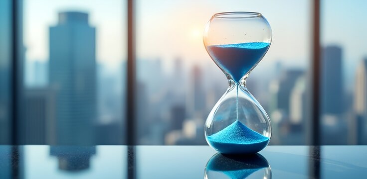 Time's Passage: A meticulously crafted hourglass, filled with vibrant blue sand, stands as a striking metaphor for time. Positioned near a sleek glass window, overlooking an urban skyline.