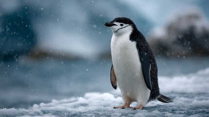 Fototapeta premium A serene penguin stands proudly on icy ground, snow falling, with blurred background of nature