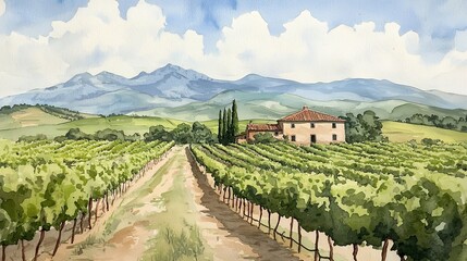 Fototapeta premium Tuscan Vineyard Landscape Watercolor Painting of Farmhouse and Rolling Hills