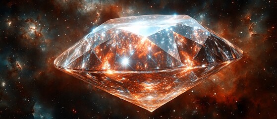 Cosmic diamond floating in space with nebulae and stars in the background