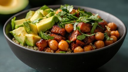 An enticing quinoa bowl filled with vibrant ingredients like avocado and chickpeas, represents healthy eating habits and colorful culinary experiences for enthusiasts.