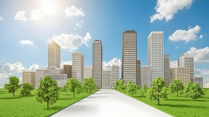 Fototapeta premium Green city road leading to skyscrapers under sunny sky. Ideal for urban development, sustainability, and real estate marketing
