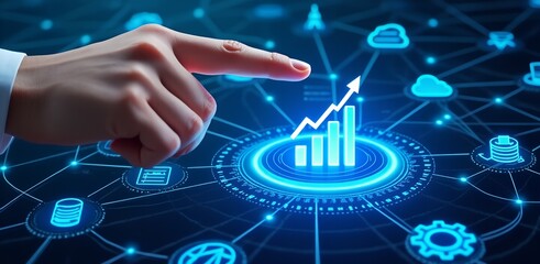 Digital Transformation: A hand points towards an upward-trending graph amidst a digital landscape of connected icons, showcasing the power of digital transformation and its positive impact on growth.