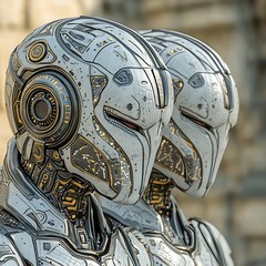 Obraz premium Two Futuristic White Helmets with Gold Detailing Against Stone Background