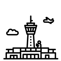 Airport control tower, airplane, clouds, building, vector illustration, black and white, simple design, flat style.
