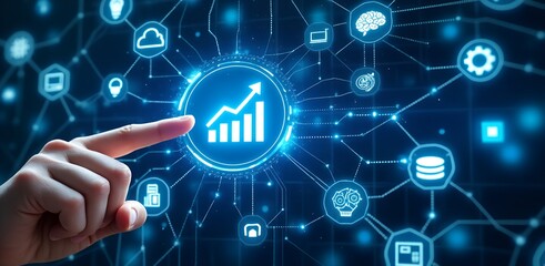 Digital Growth: A close-up of a hand interacting with an illuminated digital interface, highlighting data analysis, connections, and the ascent of a graph in a dynamic network.