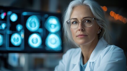 A professional female doctor closely examines intricate brain scans, highlighting the importance of medical expertise in understanding patients' neurological health.