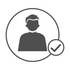 Minimalist dark-gray silhouette in circular three-quarter view. Young adult facing forward, plain shirt, no details. Flat white background, small checkmark. Neutral UI/UX, profile, or document icon.
