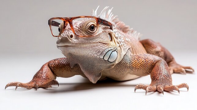 A playful iguana humorously models thick glasses on a plain background, bringing a lighthearted and quirky charm to this captivating animal portrait.