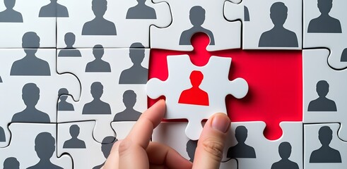 Fitting Piece of the puzzle: A hand carefully places a jigsaw puzzle piece into place, with the central focus being on the unique and missing piece within the puzzle.