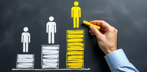 Fototapeta premium Ascend to the Top: A vibrant illustration of career growth, with figures placed on a chalkboard. A hand uses chalk to illustrate ascension towards success.