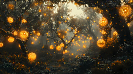 Autumnal forest with glowing, mechanical trees. mechanical forests. illustration. [Mechanical Forests] | Sprocket Wilderness | metallic vines. Illustration