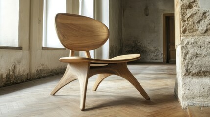 Steam-bent beech wood chair with curved backrest on wooden floor