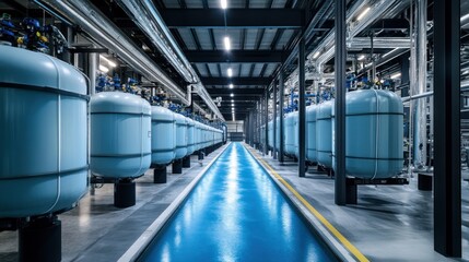 Fototapeta premium Modern Industrial Facility: Rows of Cylindrical Tanks in a Clean, Blue-Lit Facility