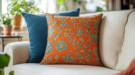 Orange and Teal Floral Pattern Throw Pillow on Cream Sofa