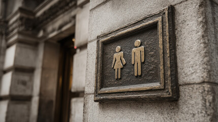 A gender neutral restroom sign on stone wall outside building showing equality and accessibility