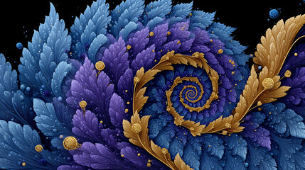 Abstract floral spiral in blue, purple, and gold hues against a black background