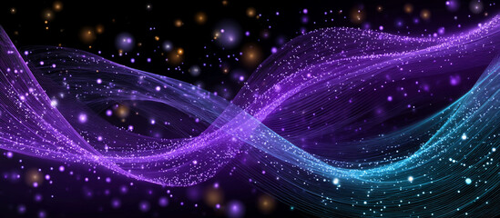 Abstract image features glowing waves and particles with color gradients on a dark background