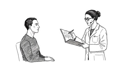 black and white minimalist sketch, person receiving mental health support from professional, hand drawn style, subject on left, copy space on right