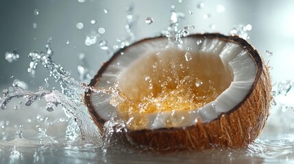 Fresh coconut half with water splash