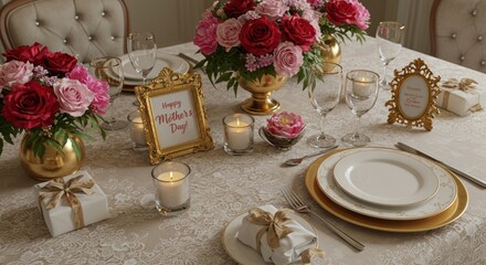 Decorated table with flowers candles plates and gifts in an indoor setting.