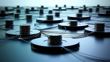 12 3d Concept of Monetary Flow With Metal Coin Stacks Connected to Net Systems Highlighting International Trade Finance and the Rise of Digital Banking