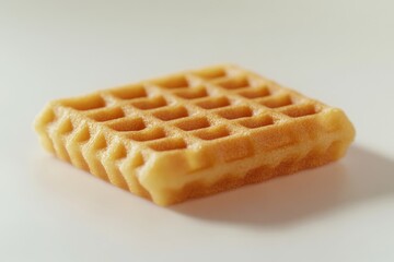 A single square waffle, golden brown and slightly glistening, sits on a plain white surface, casting a soft shadow.