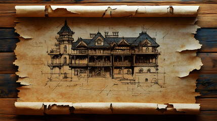 Vintage architectural blueprint of a grand, gothic mansion.  Detailed design, including multiple levels, balconies, and towers, is showcased on aged parchment