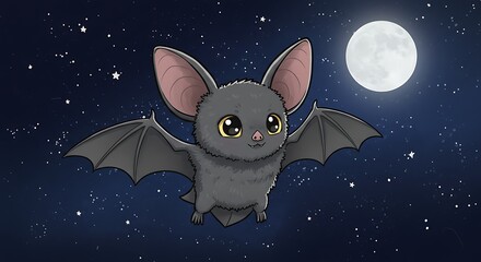 Fototapeta premium Bat Flying at Night with Moon and Stars Cartoon Illustration