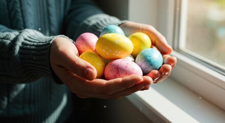 Hands holding colorful easter eggs near a window with natural light.