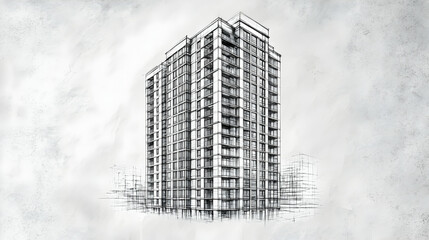 Fototapeta premium Architectural sketch of a modern high-rise building. Detailed pencil rendering of a multi-story residential tower