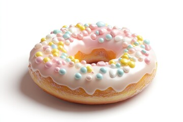 A delicious donut glazed with pink icing and topped with colorful candy sprinkles on a white surface.