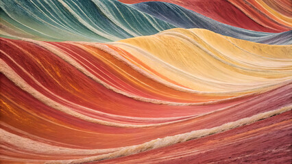 Mesmerizing view of colorful, wave like rock formations showcasing vibrant hues of red, yellow, green, and blue, resembling abstract art