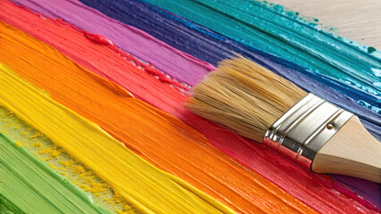 Fototapeta premium Paintbrush resting on vibrant, colorful paint strokes in rainbow pattern, showcasing creativity and artistic expression