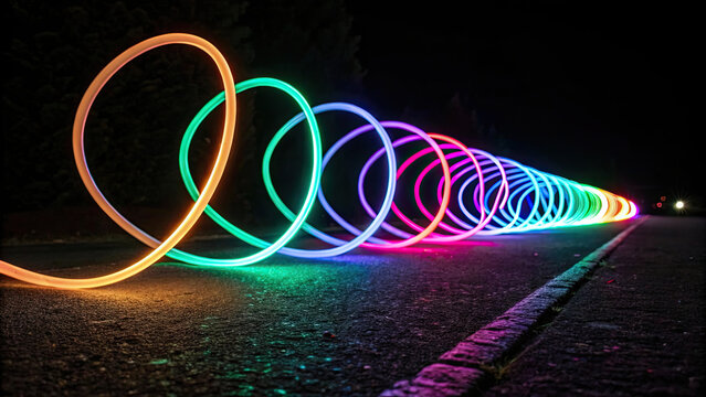 Mesmerizing display of colorful light trails forming loops on dark road, creating vibrant and dynamic abstract scene