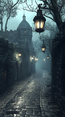 Misty, cobblestone alleyway leading to a gothic stone building under a gloomy sky