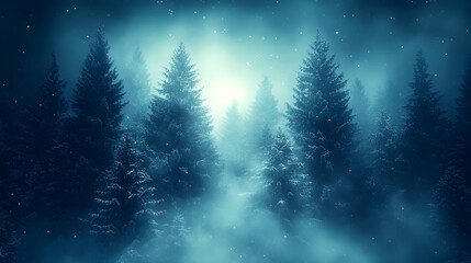 Snowy, misty forest at night