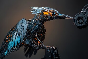 Mechanical bird sculpture, crafted from intricate metal pieces, perched on a detailed robotic base. 