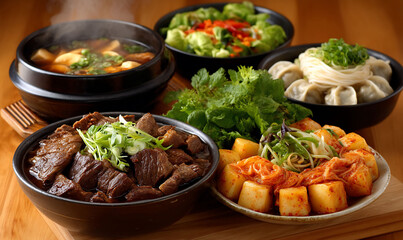 Assortment of delicious Korean dishes, featuring soup, dumplings, salad and kimchi
